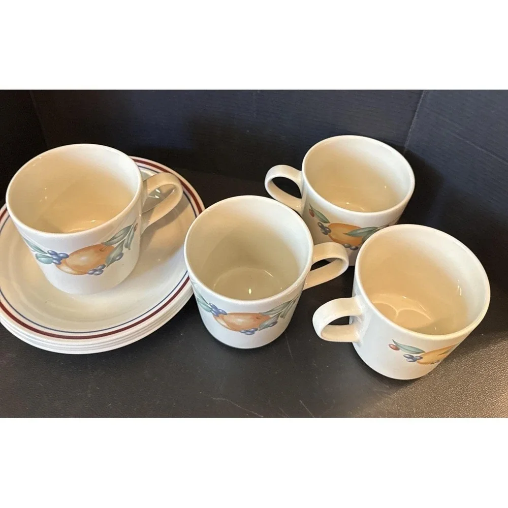 Corning Corelle Abundance Fruit Set of 4 Coffee Cups Cup Saucers‎ Plates USA